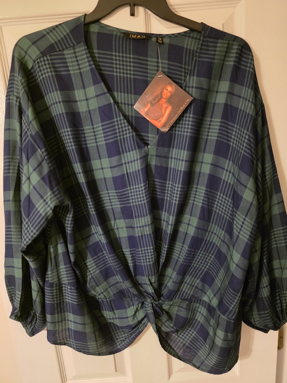IMAN Green and Navy Plaid Twist-Front Blouse